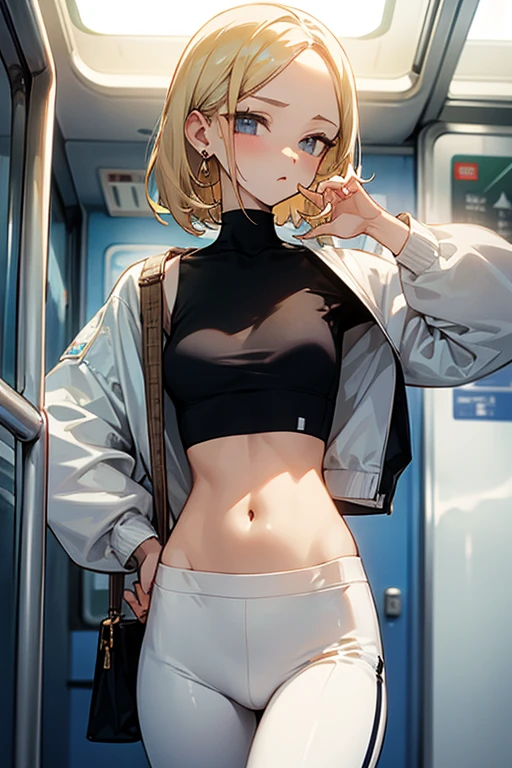 Beautiful woman、Belly button、White cotton sweatshirt、Parachute pants、Medium hair、Earrings、Blonde、on the train、、slender、low length、Black innerwear