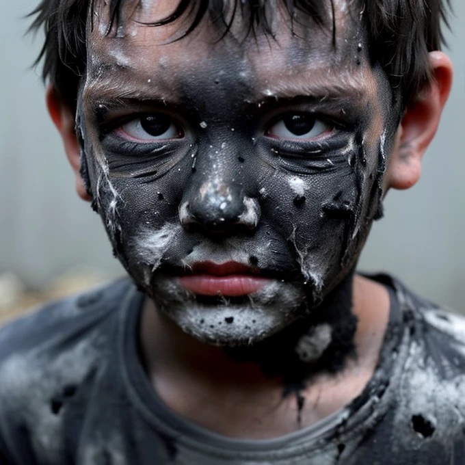 Close-up of a boy actor covered in soot after a TNT explosion during the filming of a comedy movie