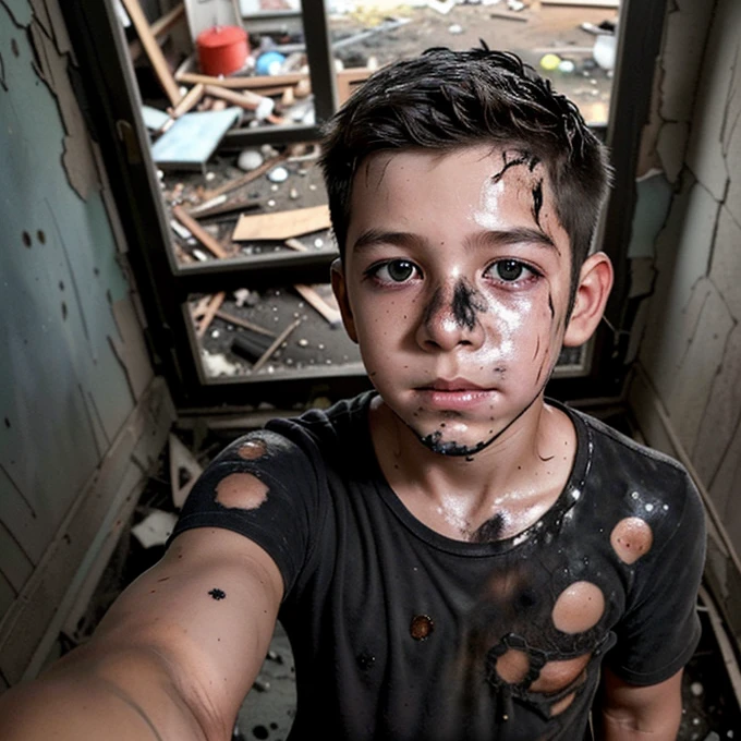 After TNT explosion、A boy takes a selfie while covered in soot and crumbling