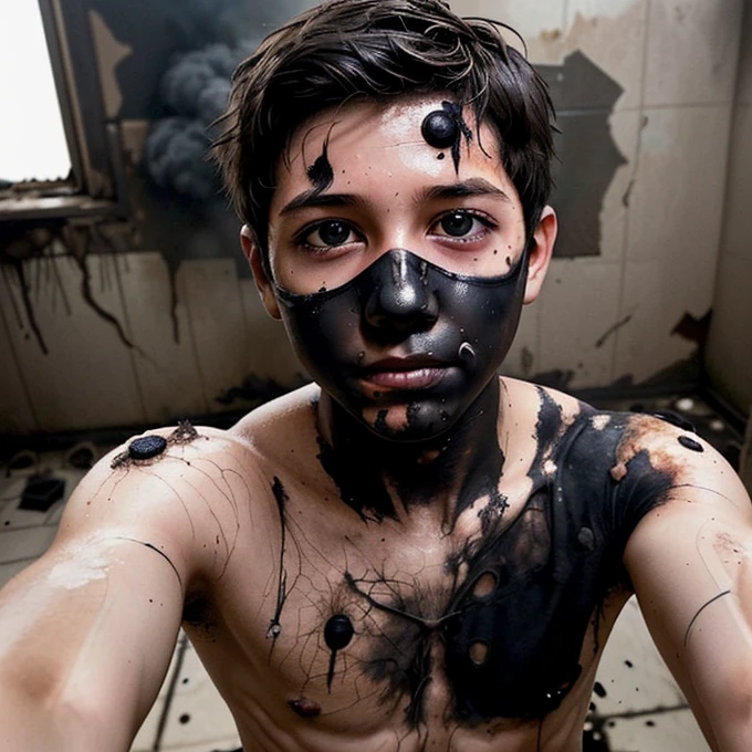 After TNT explosion、A boy takes a selfie while covered in soot and crumbling