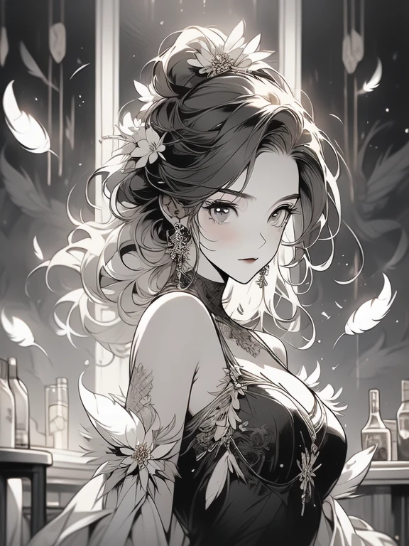 (masterpiece, top quality, best quality, official art, beautiful and aesthetic:1.2), (1girl:1.3), extremely detailed,(fractal art:1.1),(colorful:1.1)(flowers:1.3),highest detailed,(zentangle:1.2), (dynamic pose), (abstract background:1.3), (shiny skin), (many colors:1.4), (feathers:1.5), nsfw:1.5, cyber sttyle girl, 1girl, solo, short hair, in nightclub ,bar, bare shoulders, BREAK, rainbow hair,long hair, breasts out:2,portrait, (from above:1.2), medium breasts, beautiful breasts, monochrome, greyscale, midjourney, dancing pose