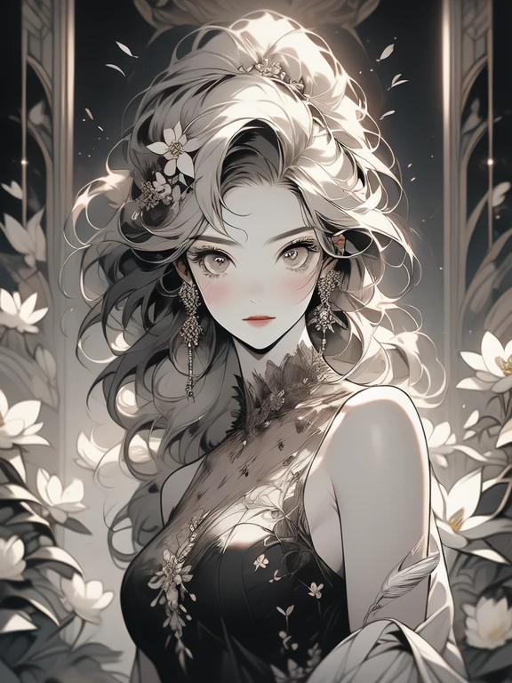 (masterpiece, top quality, best quality, official art, beautiful and aesthetic:1.2), (1girl:1.3), extremely detailed,(fractal art:1.1),(colorful:1.1)(flowers:1.3),highest detailed,(zentangle:1.2), (dynamic pose), (abstract background:1.3), (shiny skin), (many colors:1.4), (feathers:1.5), nsfw:1.5, cyber sttyle girl, 1girl, solo, short hair, in nightclub ,bar, bare shoulders, BREAK, rainbow hair,long hair, breasts out:2,portrait, (from above:1.2), medium breasts, beautiful breasts, monochrome, greyscale, midjourney, dancing pose