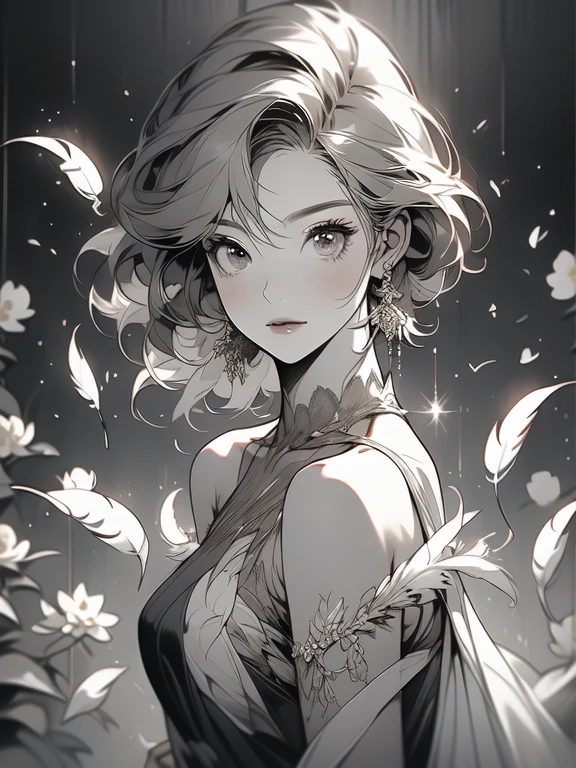 (masterpiece, top quality, best quality, official art, beautiful and aesthetic:1.2), (1girl:1.3), extremely detailed,(fractal art:1.1),(colorful:1.1)(flowers:1.3),highest detailed,(zentangle:1.2), (dynamic pose), (abstract background:1.3), (shiny skin), (many colors:1.4), (feathers:1.5), nsfw:1.5, cyber sttyle girl, 1girl, solo, short hair, in nightclub ,bar, bare shoulders, BREAK, rainbow hair,long hair, breasts out:2,portrait, (from above:1.2), medium breasts, beautiful breasts, monochrome, greyscale, midjourney, dancing pose