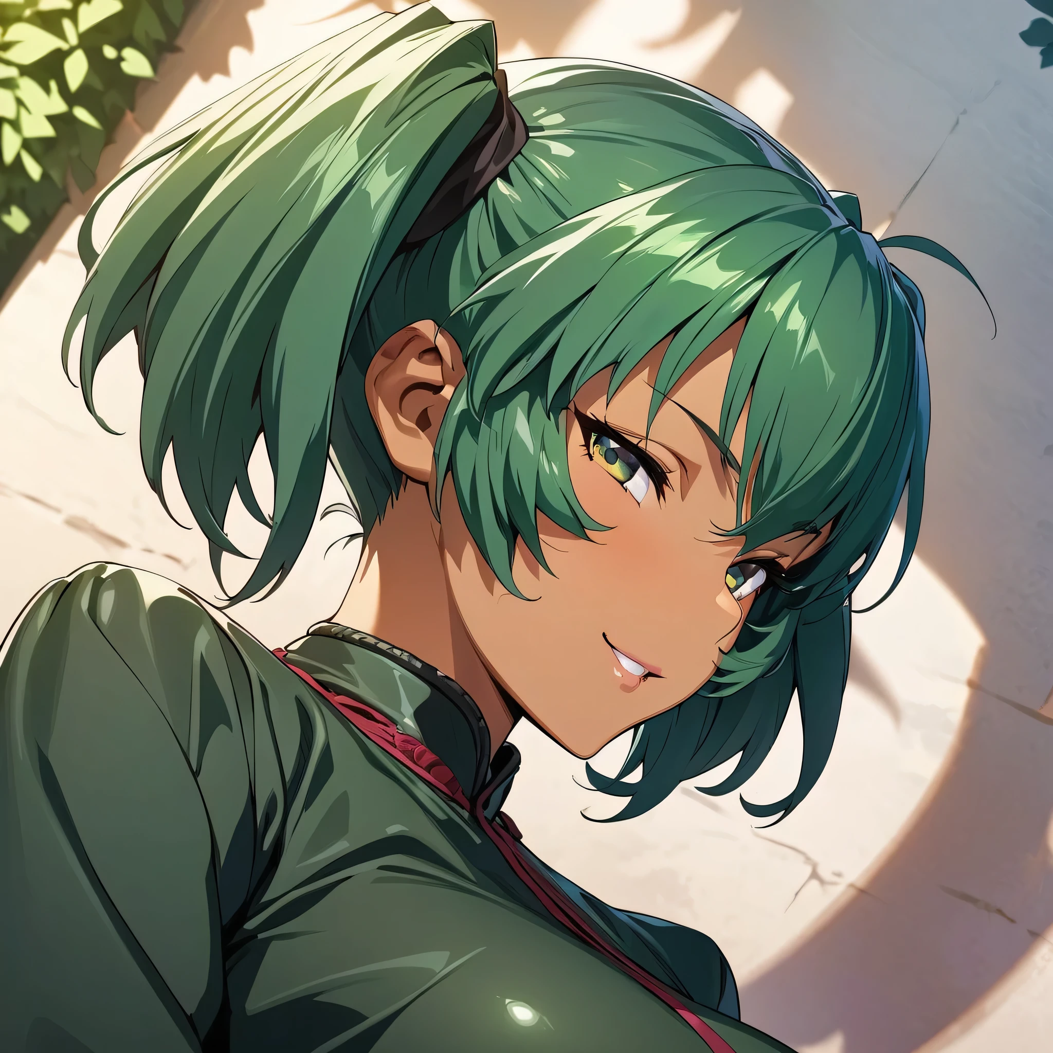 (masterpiece),(best quality),(ultra-detailed),(best illustration),(best shadow),(absurdres),(detailed background),(very aesthetic), ryofu housen, green hair, twintails, green eyes, large breasts, dark skinned, very close-up, portrait, seductive smile,