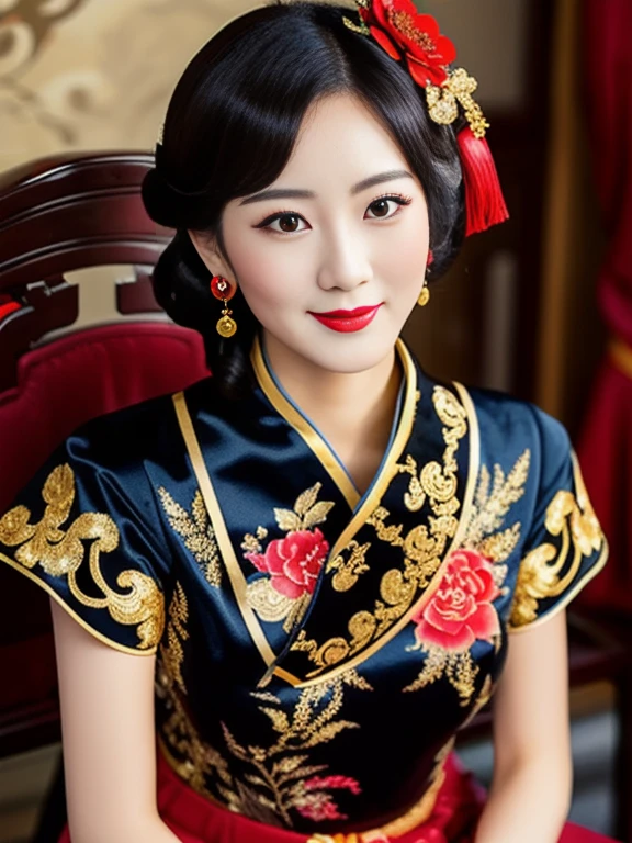 A woman in a black and gold dress sits down., Cheongsam, Chinese dress, Chinese style, Chinese dress, traditional chinese, with ancient Chinese clothes, traditional chinese clothing, black and red silk clothes, Wear a luxurious silk dress., Chinese woman, Tailoring a suit according to tradition, blue red clothes,dark gold color, Chinese girl, traditional outfit, wearing a red Cheongsam ภาพ 3D, 8k, High Definition Anime