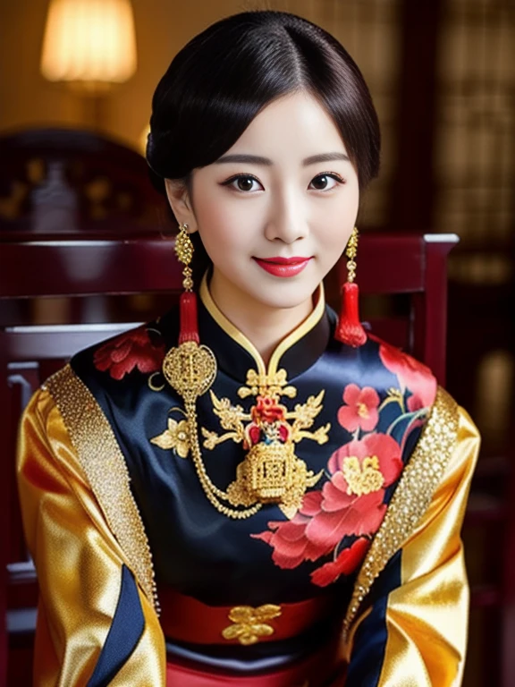 A woman in a black and gold dress sits down., Cheongsam, Chinese dress, Chinese style, Chinese dress, traditional chinese, with ancient Chinese clothes, traditional chinese clothing, black and red silk clothes, Wear a luxurious silk dress., Chinese woman, Tailoring a suit according to tradition, blue red clothes,dark gold color, Chinese girl, traditional outfit, wearing a red Cheongsam ภาพ 3D, 8k, High Definition Anime