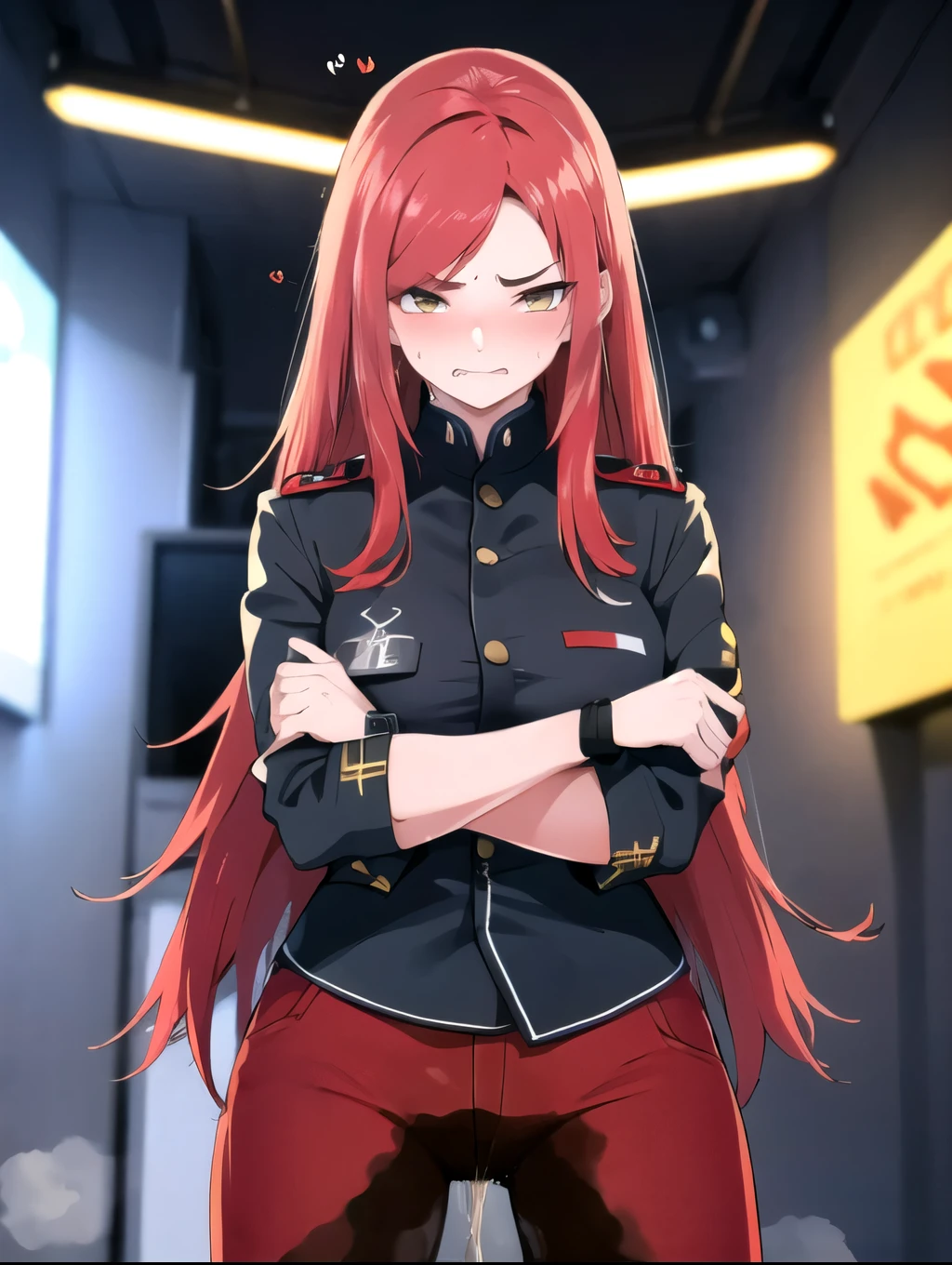 (masterpiece:1.37), woman, (mature:1.5), extremely detailed eyes and face, long straight hair, (red hair:1.5), yellow eyes, (military uniform:1.25), futuristic, science fiction, hologram armband, unicursal hexagram-shaped pupils, standing, huge breasts, futuristic, (science fiction:1.5), hologram armband, best quality, 8k, highres, ultra-detailed, studio lighting, ultra-fine painting, sharp focus, physically-based rendering, extreme detail description, professional, vivid colors, bokeh, extreme attention to detail, tsurime, (swept bangs:1.5), long bangs, bright red hair highlights, two-tone hair, (wetting self:1.5), (crossed arms:1.5), embarrassed, humiliated, angry, (standing:1.5), tight pants, legs