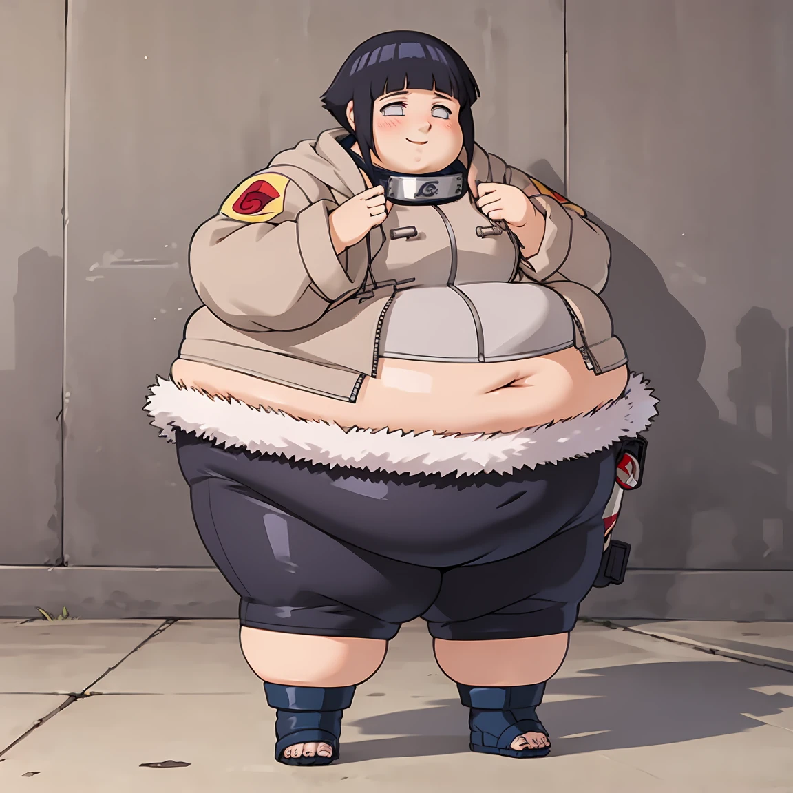 standing, shy, smile, blush, solo, 1girl, SSBBW hyuuga hinata,big cheeks,ssbbw,severely obese ,600lbs obese female, short hair, white eyes, no pupils, small breats, black pants,jacket with fur trim, konohagakure symbol, ultra detailed, masterpiece, best quality, aesthetic, detailed