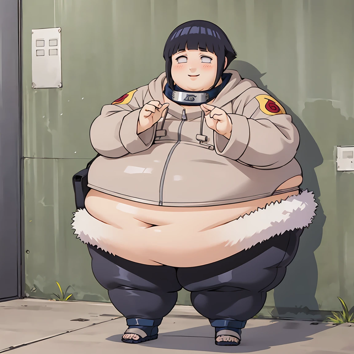 standing, shy, smile, blush, solo, 1girl, SSBBW hyuuga hinata,big cheeks,ssbbw,severely obese ,600lbs obese female, short hair, white eyes, no pupils, small breats, black pants,jacket with fur trim, konohagakure symbol, ultra detailed, masterpiece, best quality, aesthetic, detailed