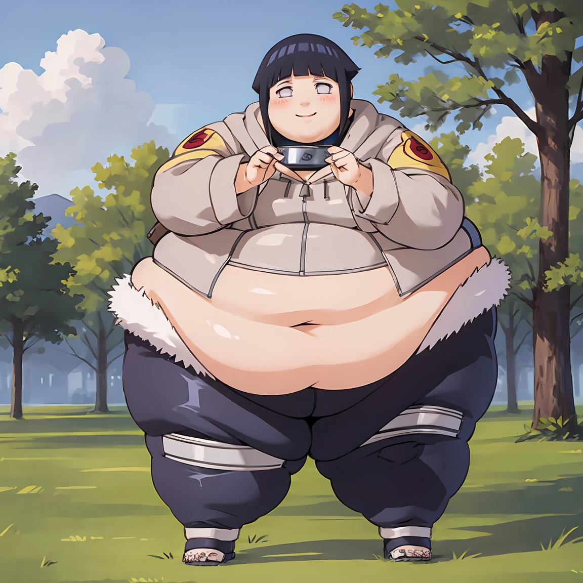 standing, shy, smile, blush, solo, 1girl, SSBBW hyuuga hinata,big cheeks,ssbbw,severely obese ,600lbs obese female, short hair, white eyes, no pupils, small breats, black pants,jacket with fur trim, konohagakure symbol, ultra detailed, masterpiece, best quality, aesthetic, detailed