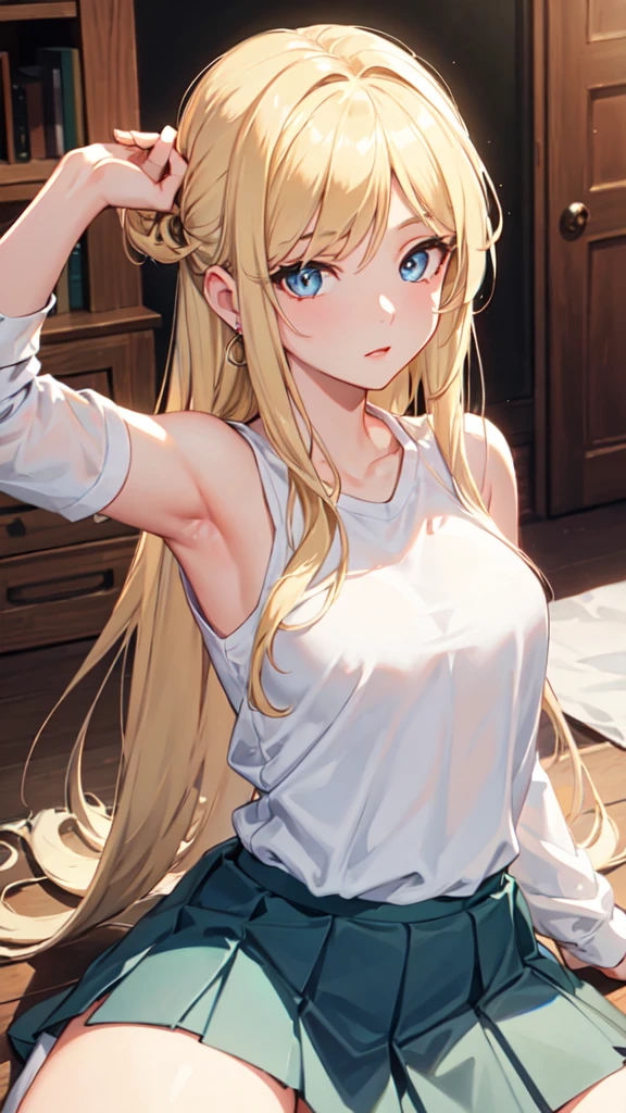 ((best quality)), ((masterpiece)), (detailed), Perfect face，winry rockbell, winry rockbell, blue eyes, Blonde Hair, off and on long hair, skirt, shirt, Jewel-like, white shirt, pleated skirt, ear nipple ring, Sleeveless, blue skirt, arms, Sleeveless shirt, off and on indoors, off and on looking at viewer, off and on (masterpiece:1.2), Best quality, high resolution, Unity8k wallpaper, (Implications:0.8), (Beautiful and delicate eyes:1.6), Extremely detailed face, perfect ligthing, 极其detailed CG, (Perfect hands, perfect anatomy),