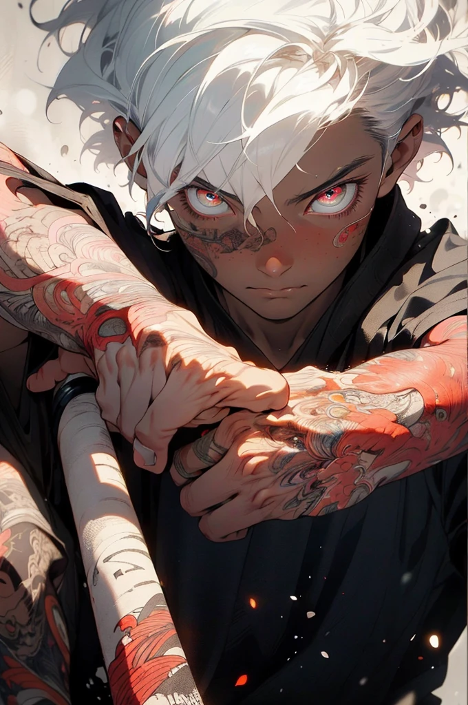 Realism, masterpiece, best quality, beauty and aesthetics, very detailed, fractal art, colorful, most detailed, zentangle, abstract background: 1.5, 1 boy: 1.3, god, white hair, short hair, glowing red eyes, mysterious, magical, ice, handsome man, asian style