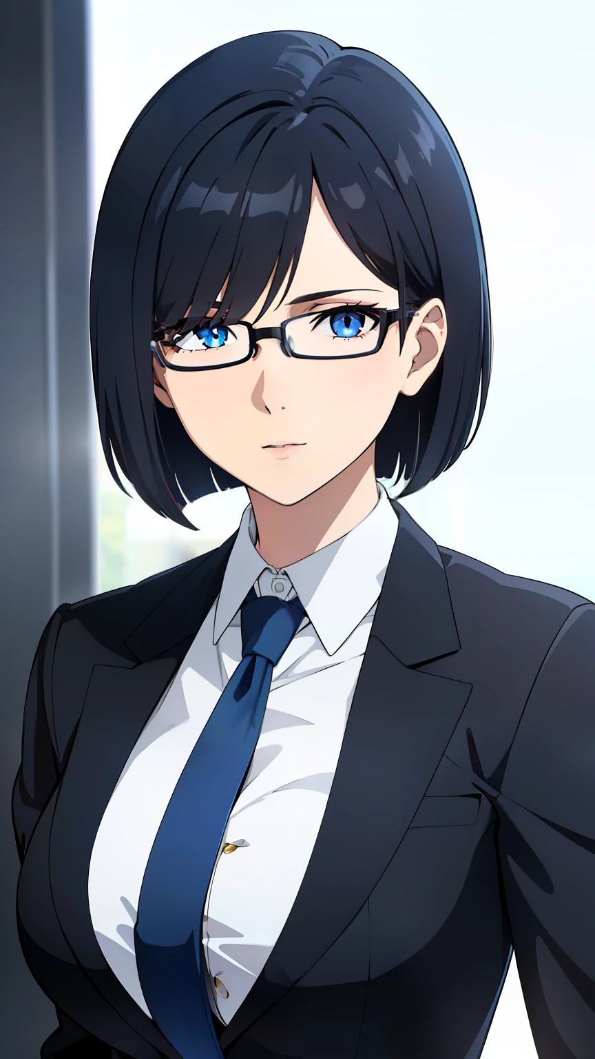 (best quality:1.5, highres, UHD, 4K, detailed eyes, detailed lighting, detailed hair, shaders), black hair, bob cut, hair covering one eye, cool woman, cool girl, sharp eyes, blue eyes, beautiful, large breasts, formal suit, necktie, jacket, with glasses