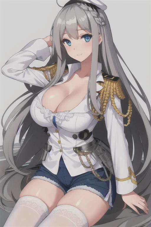 (((Best quality))),((Ultra-detailed)),((illustration)),((Disheveled hair)),((frilld)),(1 girl),(Solo),1girl,
1girl,
blue eyes,
breasts,
cleavage,
gradient,
gradient background,
long hair,
military,
shorts,
solo,
thighhighs,
lexington \(warship girls r\),
white headwear,
white military uniform,
white naval uniform,
legwear,
gray hair,