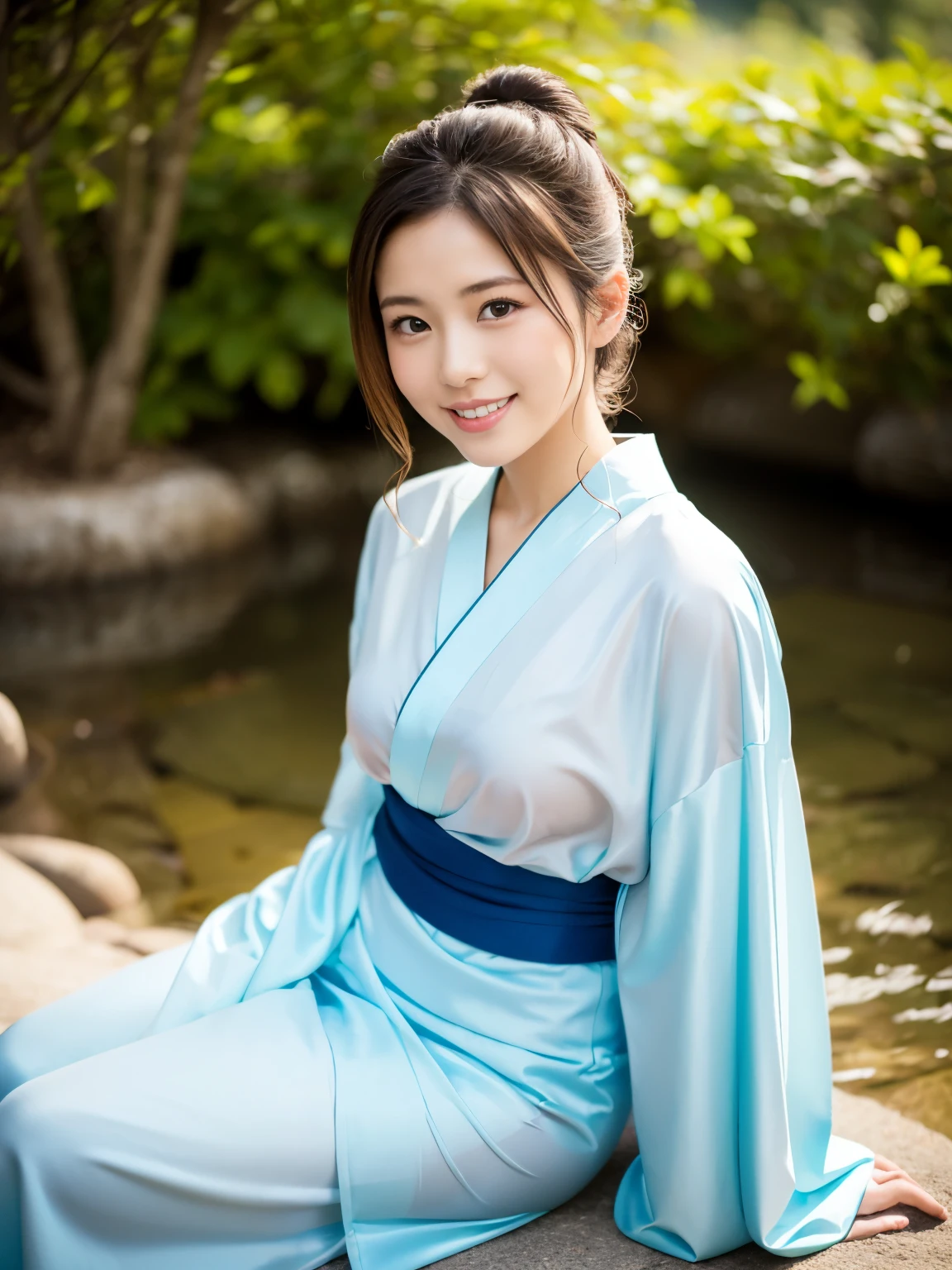 Pure Japanese kimono girl, natural body, beautiful legs, wearing traditional kimono, natural hair styles, sweet smile, sitting relaxed mood, sweet temptation, refreshing in early summer, professional portrait photography, 