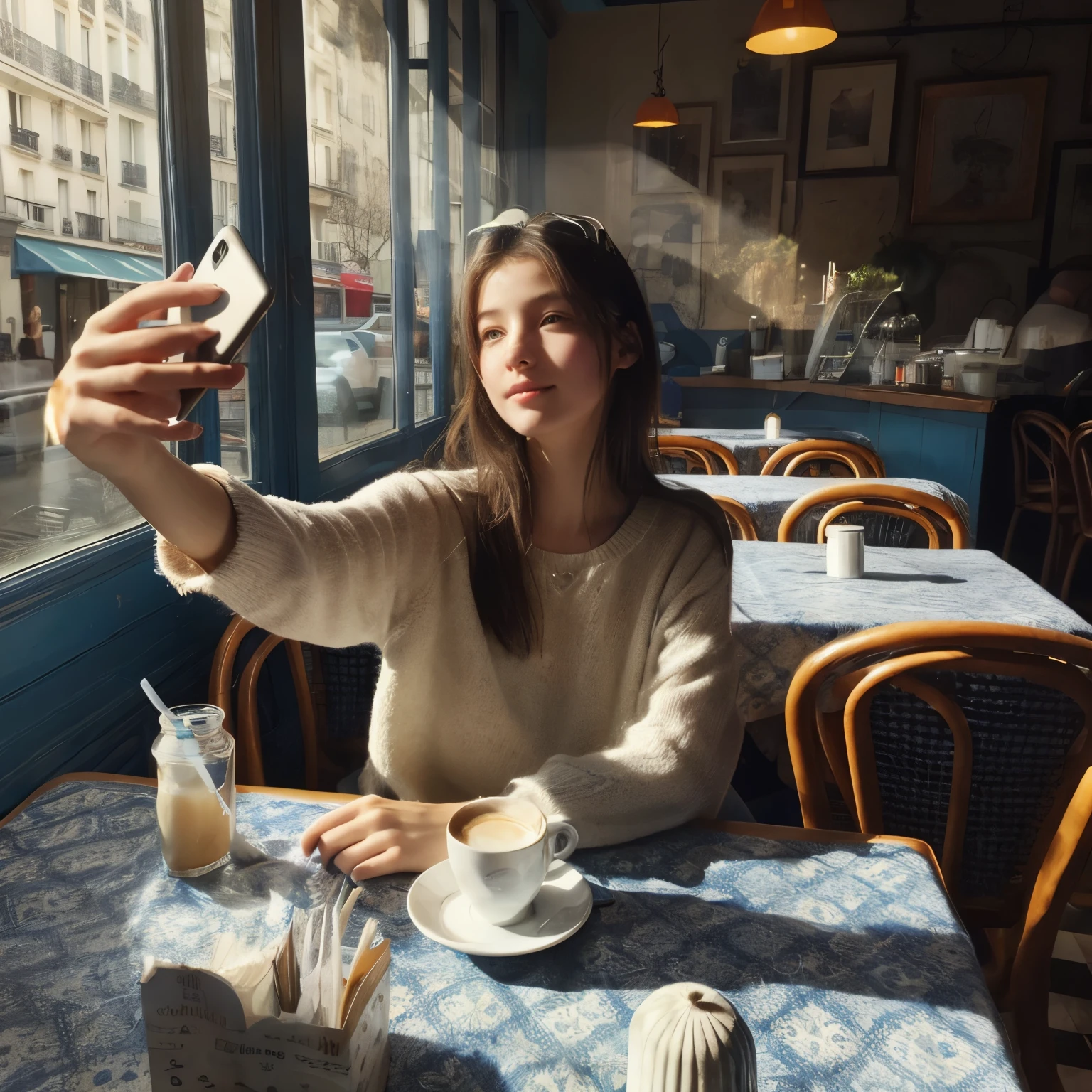 Mood photo for advertising, a  girl sitting inside a cafe, at a coffee table with blue-white-patched table cloth, Close-up selfie, in paris, morning sunshine from window, photorealistic, selfie 