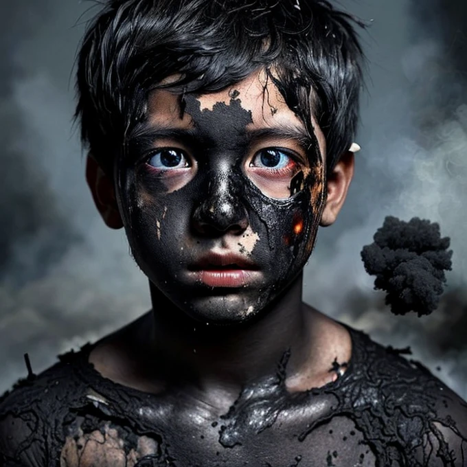 After TNT explosion、A boy while covered in soot and crumbling