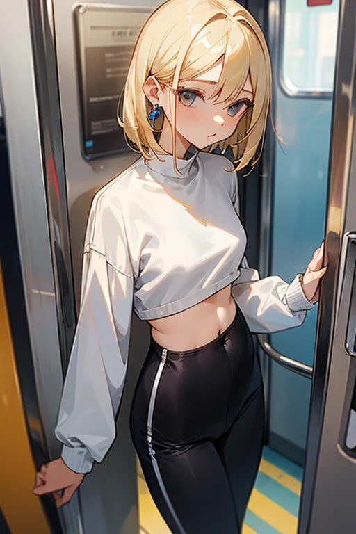 Beautiful woman、White cotton sweatshirt、Parachute pants、Medium hair、Earrings、Blonde、on the train、、slender、low length、Black innerwear、Her belly button is just a little visible.