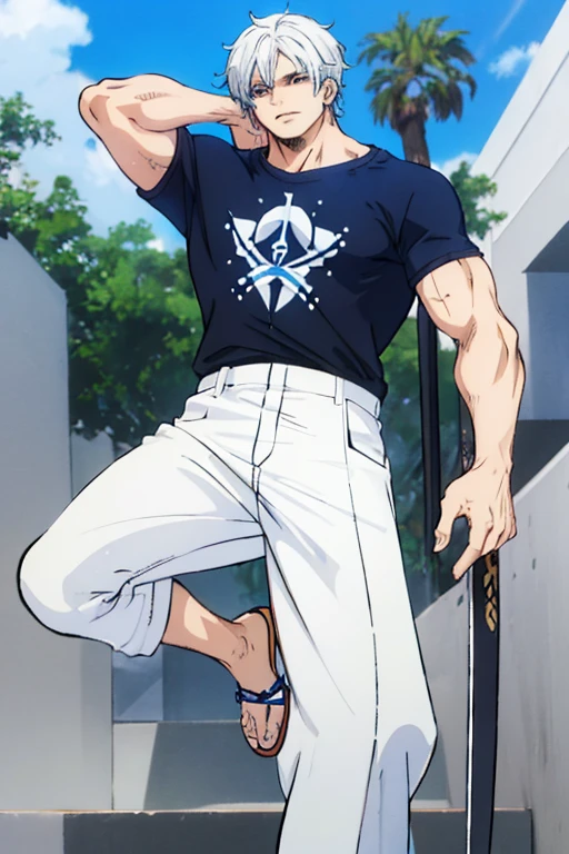 Hombre de cabello blanco, ojos azules, muscles dressed in light blue t-shirt, white pants and brown flip flops, hombre de tez blanca y con una espada dorada a su costado