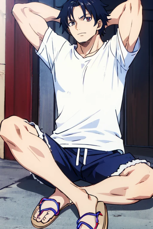 Hombre de cabello blanco, ojos azules, muscles dressed in light blue t-shirt, white pants and brown flip flops, hombre de tez blanca y con una espada dorada a su costado