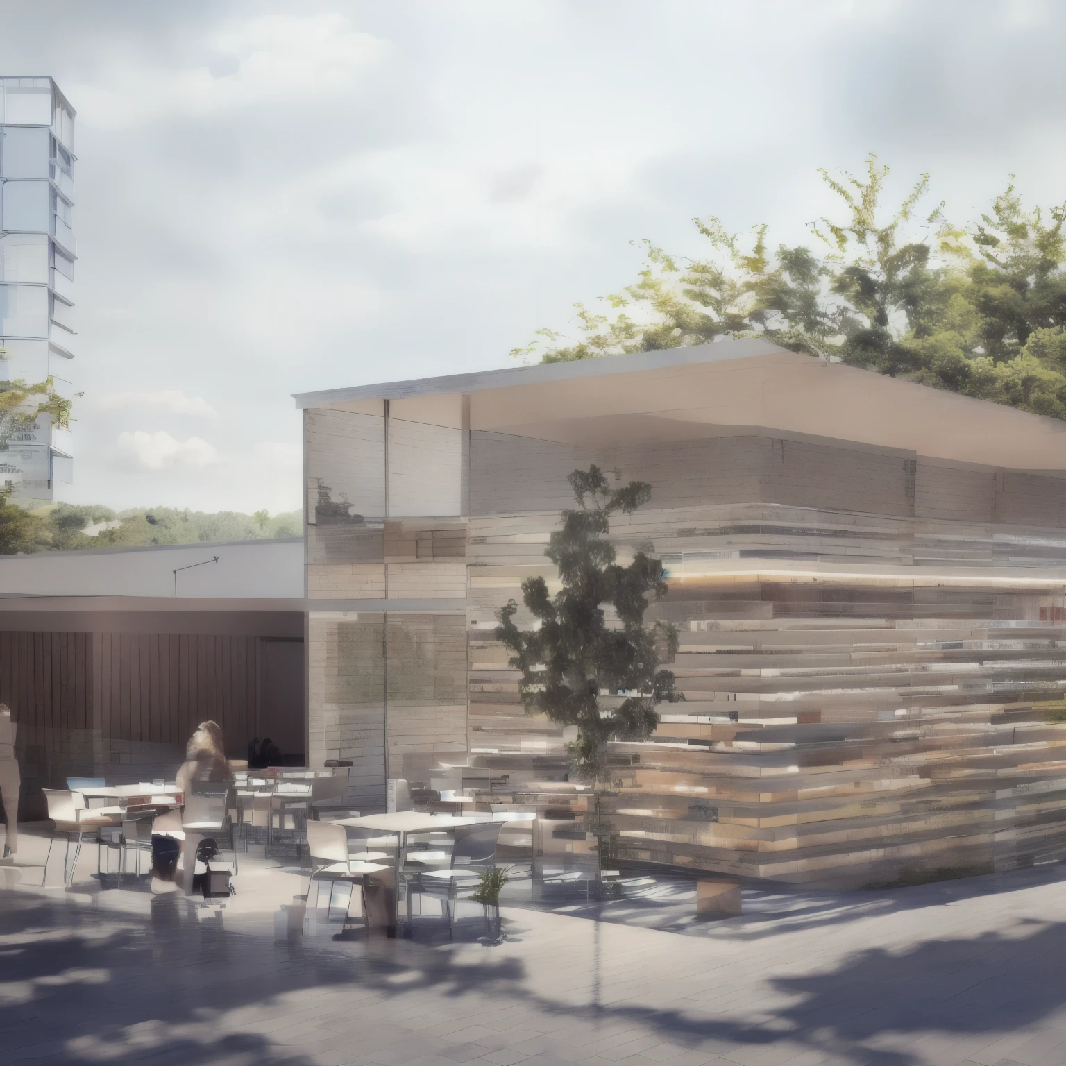 rendering of A pavilion for the display of works of art with a sloped roof.  glass wall Glass front with wooden bars covering around the glass. Pergola in front of cafe chairs and people sitting and a tree, architecture render, architectural visualisation,  a photorealistic rendering,