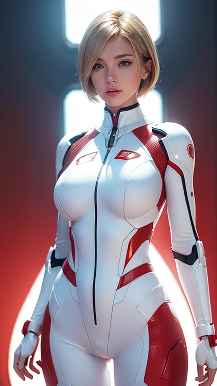 A woman bionic body , beautiful breasts stands confidently in the center of a futuristic setting, wearing a white and red form-fitting, shiny hard ceramic body armored suit with intricate details. short blonde hair and she poses with one hand on her hip, medium body shot, luminous glow a soft lighting, The background interstellar war, creating a sci-fi atmosphere.