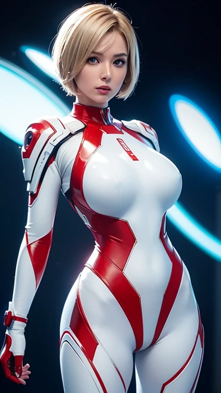 A woman bionic body , beautiful breasts stands confidently in the center of a futuristic setting, wearing a white and red form-fitting, shiny hard ceramic body armored suit with intricate details. short blonde hair and she poses with one hand on her hip, medium body shot, luminous glow a soft lighting, The background interstellar war, creating a sci-fi atmosphere.