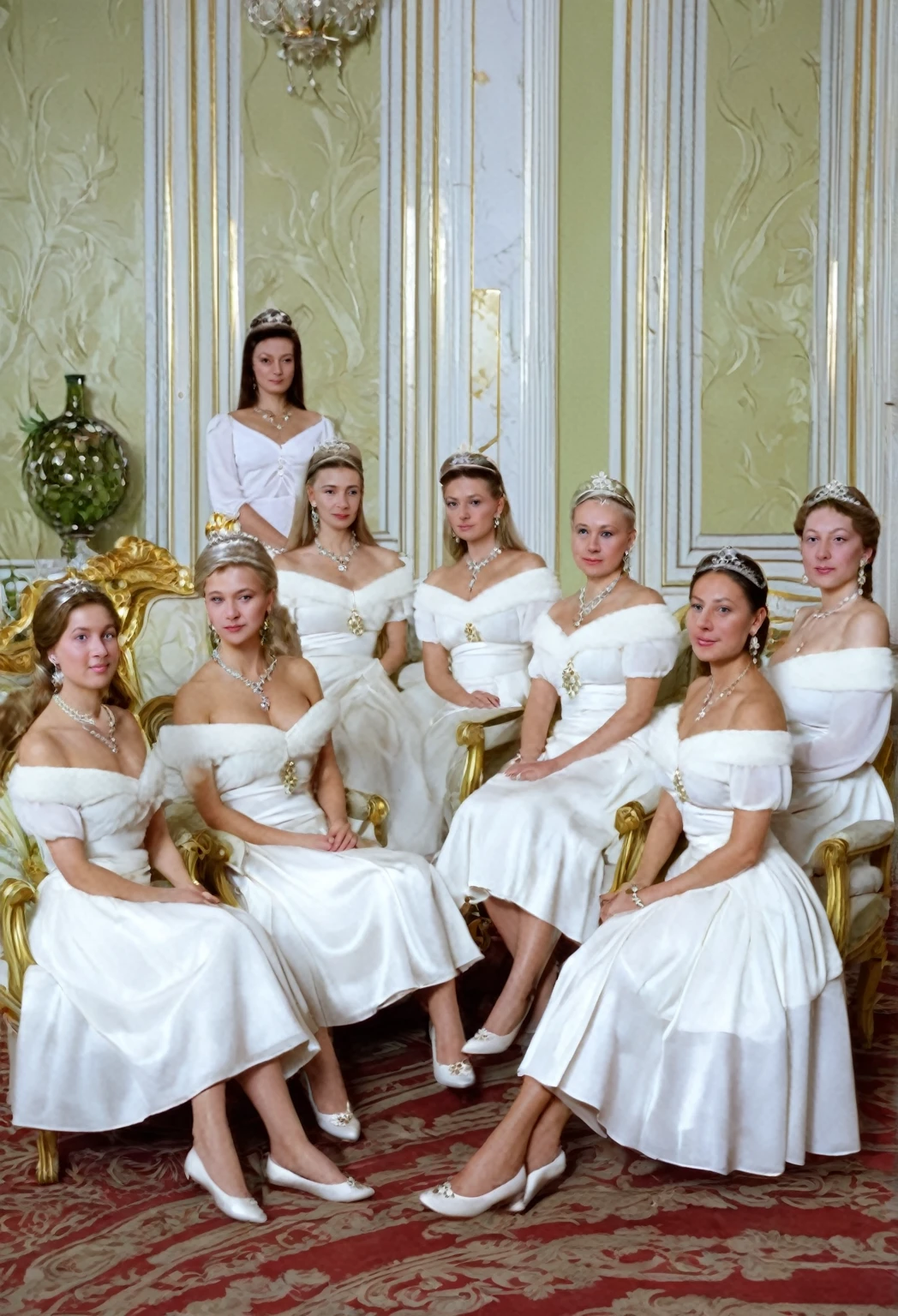 in a palace, meeting of aristocrats, ten women sitting at chairs, the main Russian princess in the center. Princess in tiara, pendant, rich earrings, wearing white skirt, without tights, in open-toed slippers, Blouse, breasts are visible, detailed, Best quality. Meeting in progress.