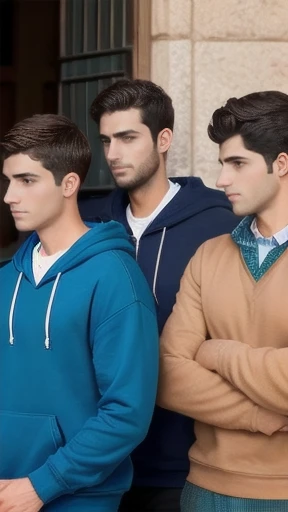 group of 5 Judaean, handsome short-haired, dressed in sweatshirt, focus on characters.