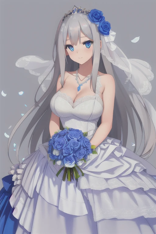 (((Best quality))),((Ultra-detailed)),((illustration)),((Disheveled hair)),((frilld)),(1 girl),(Solo),1girl,
1girl
blue bow
blue eyes
blue flower
blue ribbon
blue rose
bouquet
breasts
dress
flower
gradient
gradient background
grey background
jewelry
long hair
necklace
petals
rose
solo
veil
wedding dress
white dress
lexington \(warship girls r\)
gray hair
