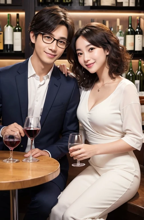Man and woman drinking alcohol in bar、The man is a 25-year-old Japanese man.、Short Hair、Curly hair、Wearing glasses、Smiling、Unreliable、Navy blue jacket、Underwear is a white T-shirt、Holding a wine glass with red wine、Wearing black pants、The woman is an 18-year-old Japanese woman.、Black Hair、long hair、smile、Baby Face、No sleeve、White dress、holding a wine glass filled with white wine