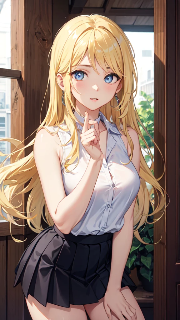 ((best quality)), ((masterpiece)), (detailed), Perfect face,winry rockbell, winry rockbell, blue eyes, Blonde Hair, off and on long hair, skirt, shirt, Jewel-like, white shirt, pleated skirt, ear nipple ring, Sleeveless, blue skirt, arms, Sleeveless shirt, off and on indoors, off and on looking at viewer, off and on (masterpiece:1.2), Best quality, high resolution, Unity8k wallpaper, (Implications:0.8), (Beautiful and delicate eyes:1.6), Extremely detailed face, perfect ligthing, 极其detailed CG, (Perfect hands, perfect anatomy),