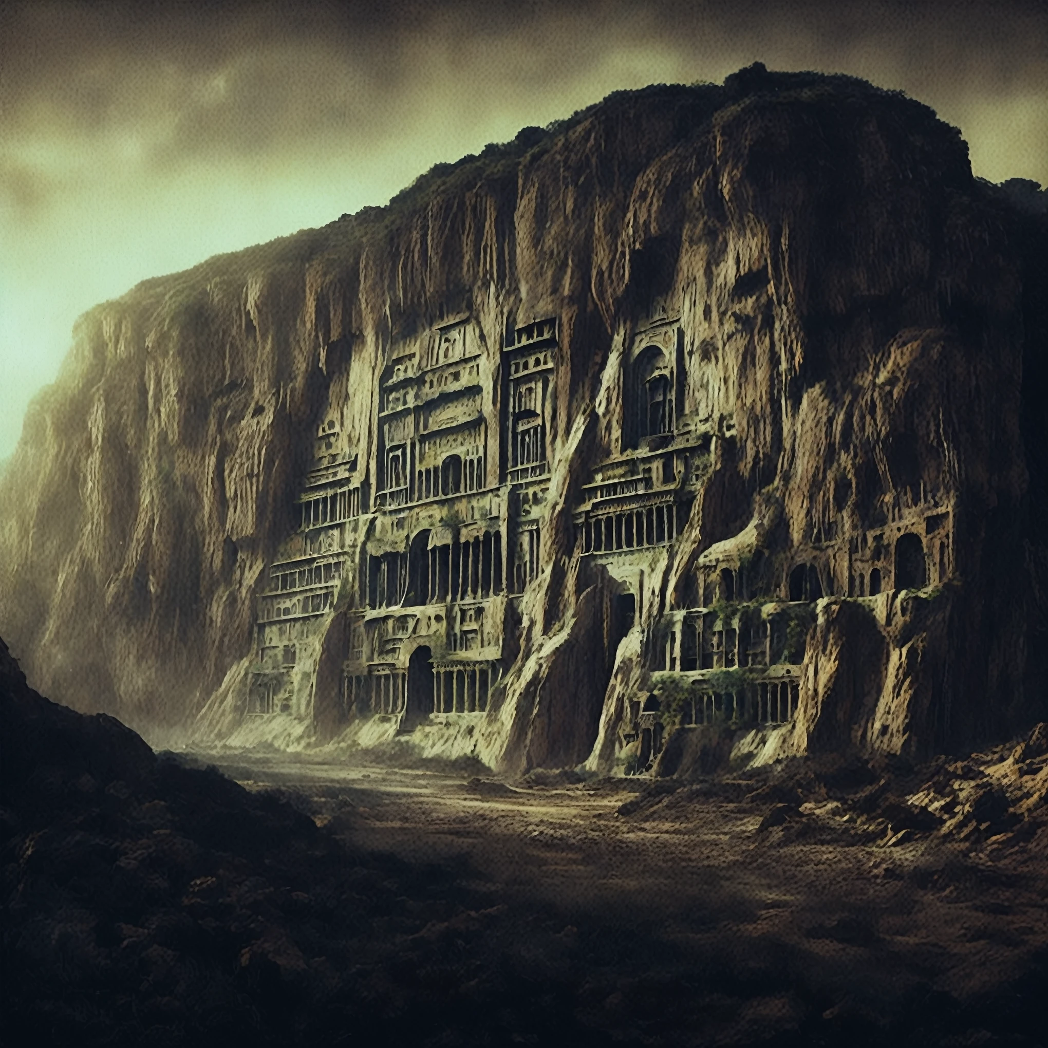 there is a large building that is built into the side of a mountain, intricate matte painting, matte painting of human mind, digital matte painting, ancient yet futuristic, elaborate matte painting, hyperdetailed 3d matte painting, hyperdetailed 3 d matte painting, extravagant matte painting, epic matte painting, epic cinematic matte painting, matte painting concept art, giant tomb structures