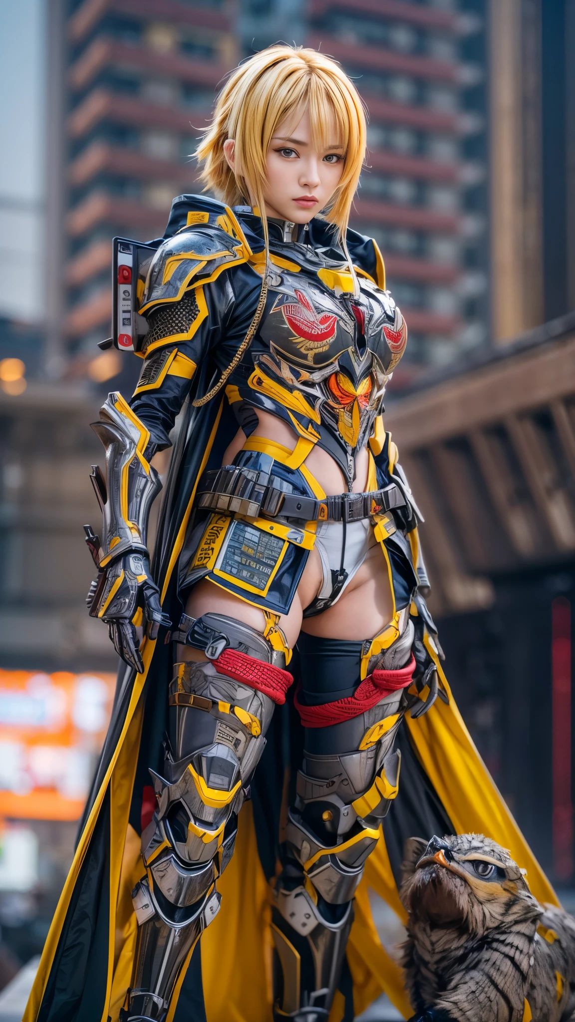 (top-quality:1.2, masterpiece), ultra high resolution, (Photorealsitic:1.4),, (bird-type mechanical heavy armor), (mechanical armor:1.3), bronze base with silver and red accent, 1 Japanese female soldier, extremely realistic face, (yellow hair), ((ultimately intricate all details)), (whole body picture), realistic shadow, octan render, 8K, ultrasharp, character edge light, Details of complex ornaments, Hydraulic cylinder, power cable, dystopia with a beautiful view at night, fighting pose