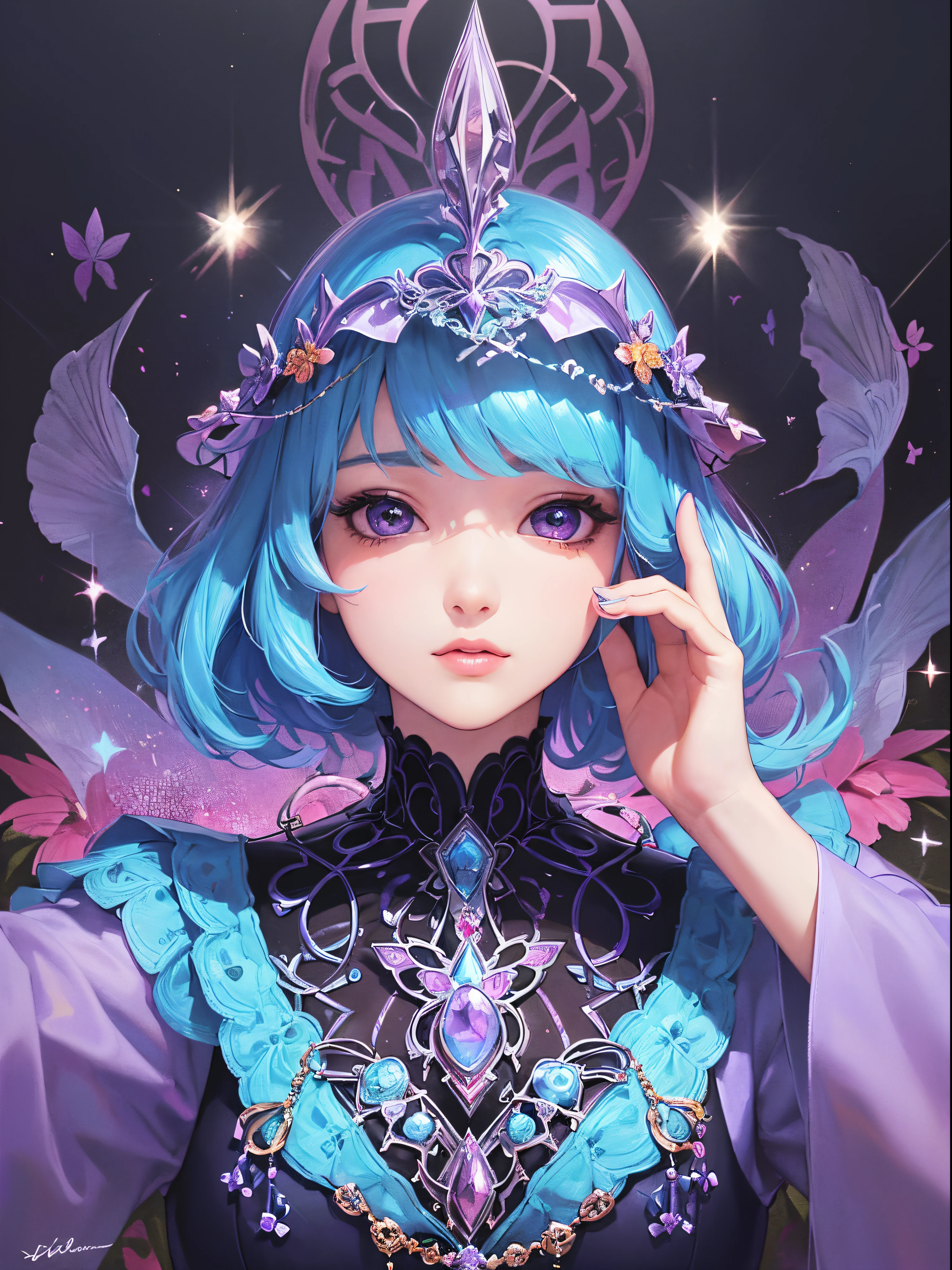 Butterfly motif、purple tone、Vibrant colors、((​masterpiece)))、(((top-quality)))、((ultra-detailliert))、(A hyper-realistic)、(highly detailed CGillustration）、Official art、Rome at the beginning of the 20th century、Decadent、Madame Papillon、Cool Beauty、Masquerade、refinement、Elegance、Gorgeous、Masks that cover most of the face、Colorful and detailed mask design、matchless beauty、Fans、gorgeous dress、jewely、Female Solo、Perfect Angle、perfect-composition、full body Esbian