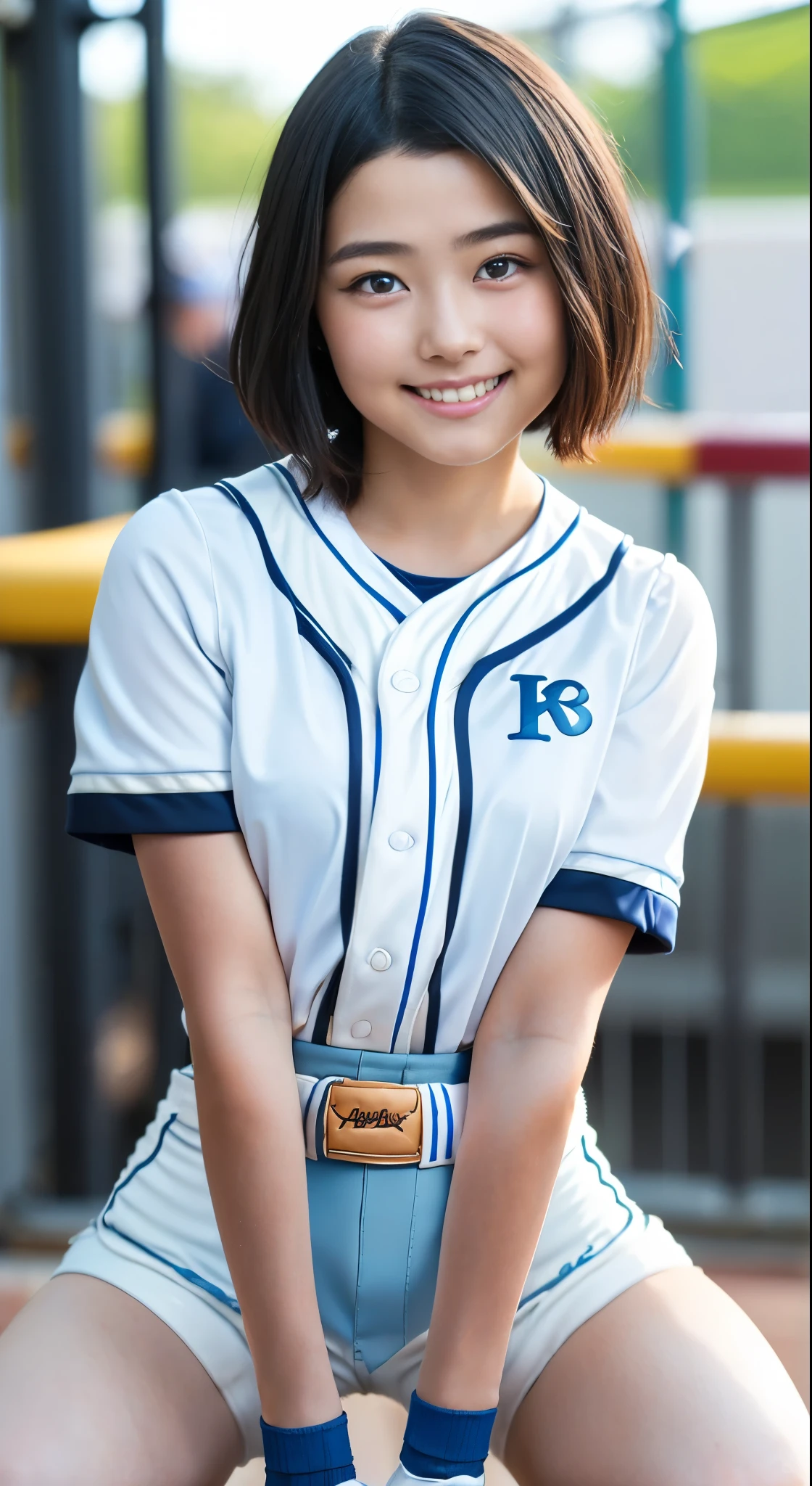 （8k、Raw photography、highest quality、masterpiece：1.2),(Black-haired、Very short hair:1.8),(ponytail:1.3)、View your audience,Viewed from the front,White skin,(high school girl、Light blue baseball uniforms:1.7)、(Tight waist:1.6)、(Clothes that accentuate the shape of the breasts:1.0)、(Big Breasts :1.3)、Slim figure、Ultra-high resolution,beautiful,beautiful fece,(one person、No background:1.9),whole bodyボディー,Japanese women,（reality的：1.37）、Photon Mapping,reality、(-face cute: 1.4)、(Cute Smile: 1.8)、(Round face: 1.8)、Radio City、Physically Based Rendering、Depth of field rally background、photograph, (I can see your knees、Very short white shorts、Thigh close-up:1.8),（:1.4）,whole body、Great quality