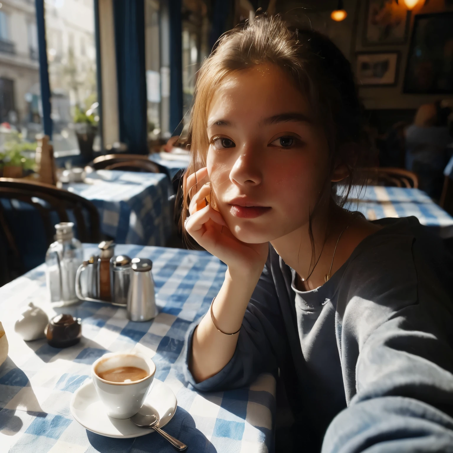 Mood photo for advertising, a  girl sitting inside a cafe, at a coffee table with blue-white-patched table cloth, Close-up selfie, in paris, morning sunshine from window, photorealistic, selfie 