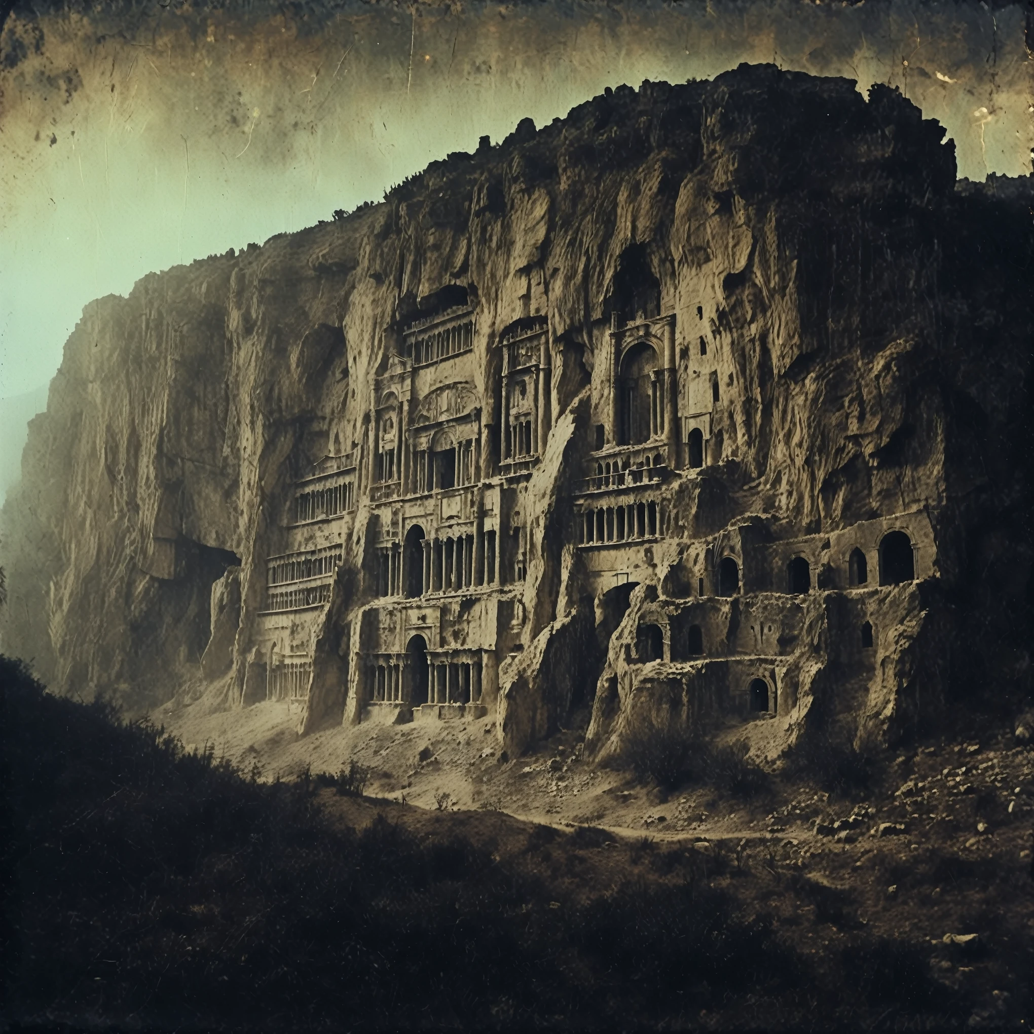 eerie horror scene, 35mm vintage, dark grainy old photo, gigantic monolithic Mediterranean stone castle engraved into giant rock mountain cliff formation, Olympus, vast scenery