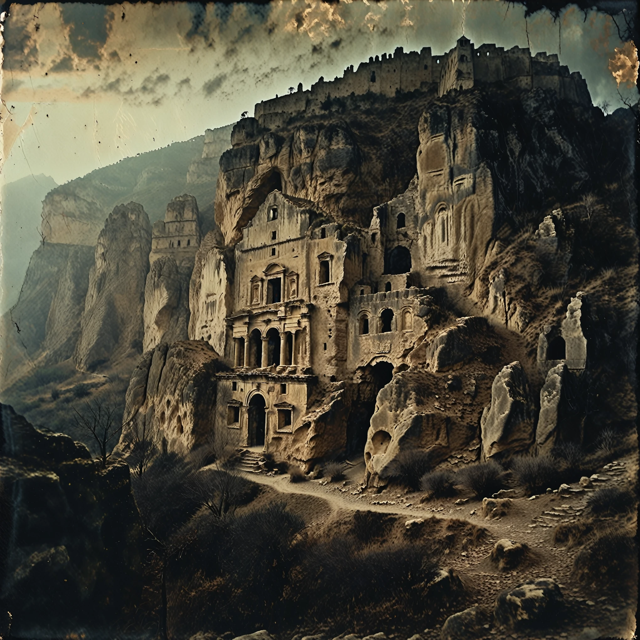 eerie horror scene, 35mm vintage, dark grainy old photo, gigantic monolithic Mediterranean stone castle engraved into giant rock mountain cliff formation, Olympus, vast scenery