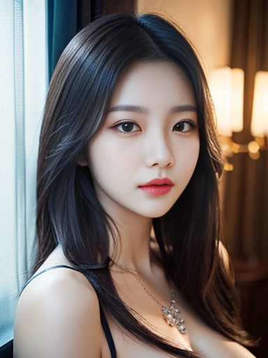 Miho, 1 girl, detailed face, a woman with long black hair and a off shoulder revealing breasts (((Nsfw))), on the bed scene, (night light), wet body, led lighting, magnificent light, close up, portrait, upperbody, RAW, (intricate details:1.3), (best quality:1.3), (masterpiece:1.3), (hyper realistic:1.3), best quality, 1 girl, ultra-detailed, ultra high resolution, very detailed mphysically based rendering, dynamic angle, dynamic pose, wind, 8K UHD, Vivid picture, High definition, intricate details, detailed texture, finely detailed, high detail, extremely detailed cg, High quality shadow, a realistic representation of the face, beautiful detailed, (high detailed skin, skin details), slim waist, beautiful and realistic and detailed hands and fingers:1, best ratio four finger and one thumb, (detailed face, detailed eyes, beautiful face), ((korean beauty, kpop idol, ulzzang, korean celebrity, korean cute, korean actress, korean, a beautiful 18 years old beautiful korean girl)), (high detailed skin, skin details), Detailed beautiful delicate face, Detailed beautiful delicate eyes, a face of perfect proportion, (beautiful and realistic and detailed hands and fingers:1.3), (Big breasts:1.3), (full body shot:1.3), (long legs:1.3), (sparkling eyes:1.3), (sparkling lips:1.3), taken by Canon EOS, SIGMA Art Lens 35mm F1.4, ISO 200 Shutter Speed 2000, Vivid ((korean beauty, kpop idol, ulzzang, korean celebrity, korean cute, korean actress, korean, insta goddess:1.3, a beautiful 18 years old beautiful korean girl)), (blue eye), (black long hair),chanel_jewelry, chanel_bag, vancleef_necklace,Nice legs and hot body, see-through,hourglass bodyshape.