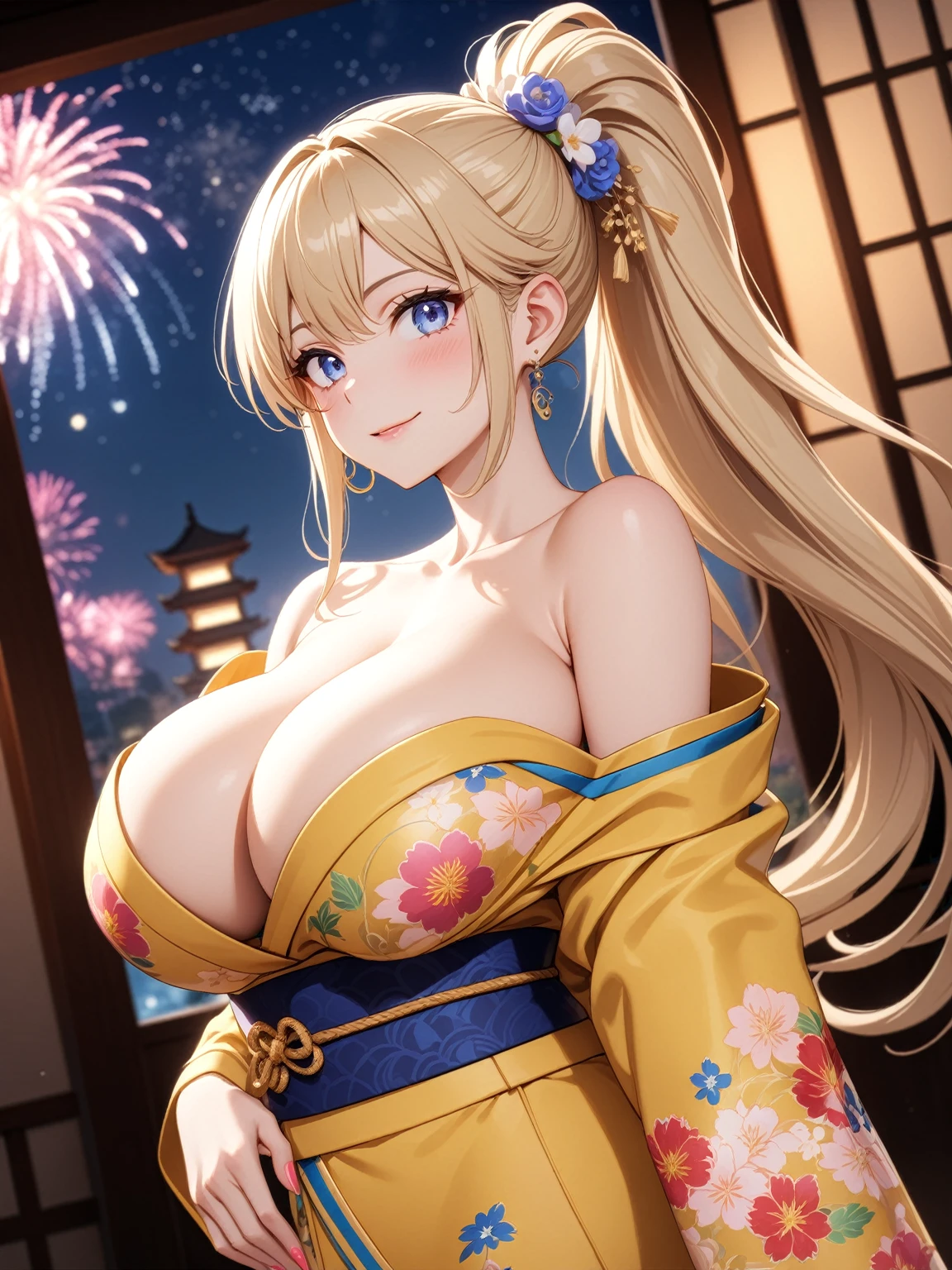 ((one personの女性)), Beautiful Face,Embarrassed and kind expression,Laugh embarrassedly,turn bright red,Glossy pink lips,night,Luxurious Japanese-style room,firework, ((Anime style background)),masterpiece, highest quality, so beautiful, Latest, Complex details, (Pink long nails),AI-generated, Complex,High resolution, highest quality, super high quality,3D Images、View your viewers、3D Images,one person,Long Blonde Hair,High Ponytail,blue eyes,Anime woman posing for a photo, [[Fine grain、Colorful eyes、Shining Eyes:1.15]],(Squint your eyes:1.1),a hyperRealistic , hyperRealistic , Realistic,Blonde anime woman with long hair, Smooth anime CG art, A woman in a colorful kimono with gold embroidery, (Yellow kimono),Blue floral pattern,Long flower hair ornament,Big earrings,(Big Breasts:1.4),Mature Body,expensive,Big Ass,Fine details,Tight waist,Abdominal muscles,Shooting at an angle,