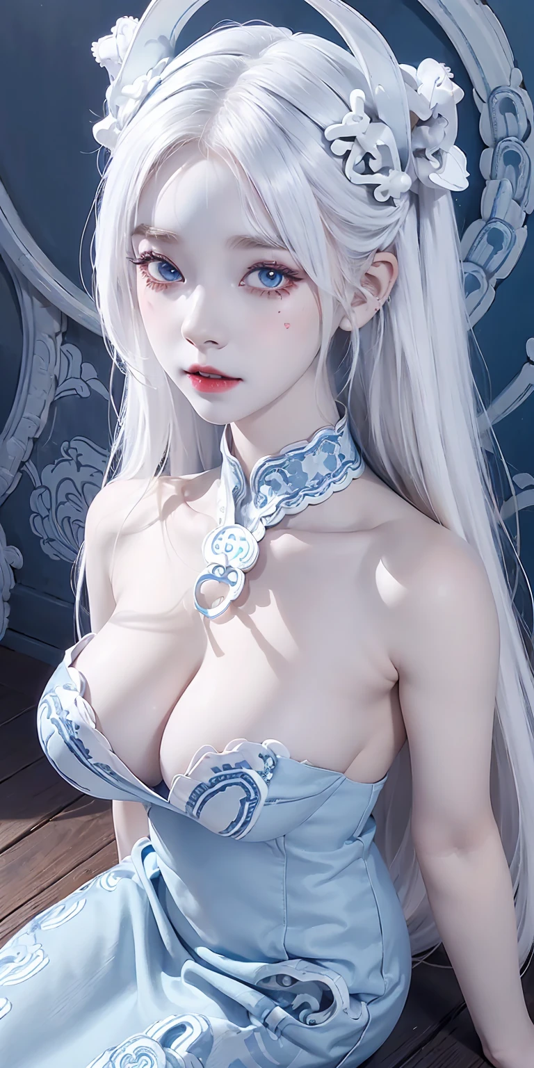 (score_9, score_8_up:1.1), score_7_up, 1 girl, doll, monster girl, oni, (white hair), solo, (blue willow pattern:1.5), blue eyes, long hair, sitting on flowers, (painting her skin:1.2), pencil, full body, (white skin), shining, (( very very huge breasts)) , oni girl, (two horns ) , (( 2 horns ) ) , ( two demon horns ) , kimono, expressiveh k1ntsug1,(( naked )) , naked , ( nsfw)