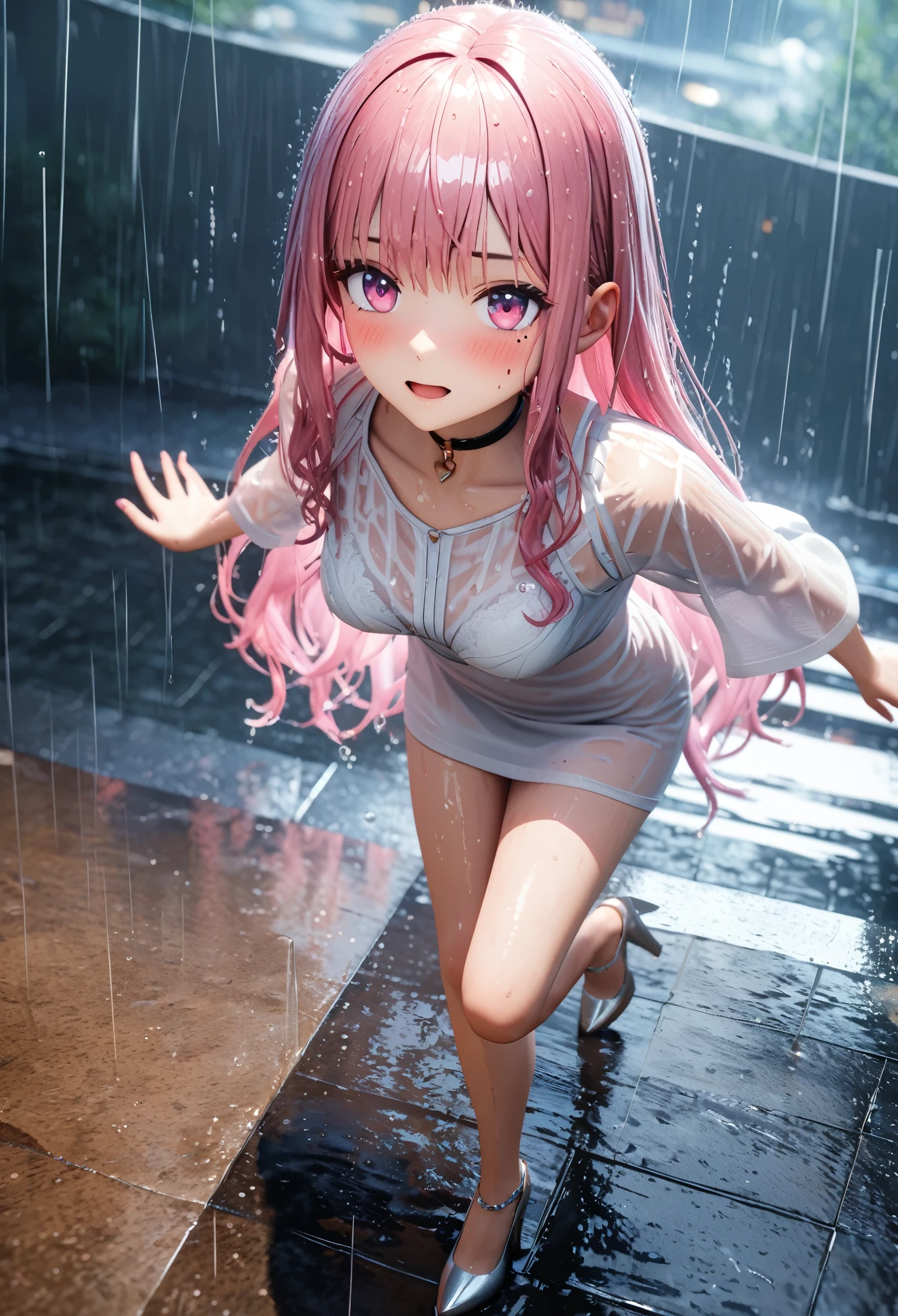 masterpiece, best quality, highly detailed, high resolution, expensive resolution, high resolution, 4k, 8k, Unity 8k wallpaper, highly detailed CG, masterpiece, 2d, 3d, beautiful details, depth, fine texture, best quality: 1.3, perfect focus, crisp skin, full body, him, rain, wet, pouring rain, wet sheer clothes: 1.2 very cute anime girl, (white sheer bra visible through white blouse wet from pouring rain, miniskirt, high heels), large breasts, expensive pink medium long hair, 1 girl, rain, (raindrops dripping from wet hair, white sheer bra visible through thin blouse wet from rain, miniskirt, high heels), mole under eye, looking at viewer, expensive, blush, mole, open lips, heart, pink eyes, choker