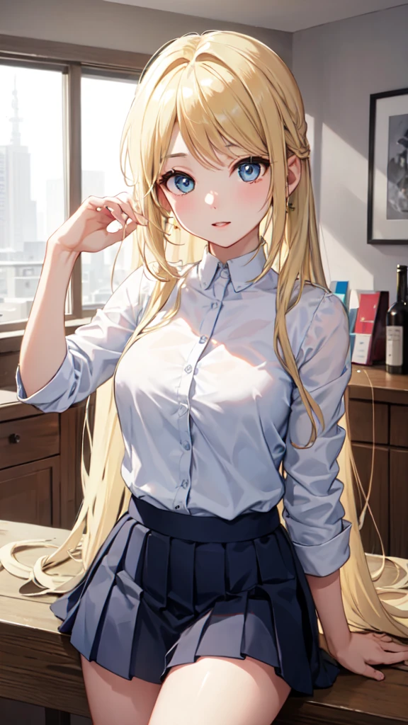 ((best quality)), ((masterpiece)), (detailed), Perfect face，winry rockbell, winry rockbell, blue eyes, Blonde Hair, off and on long hair, skirt, shirt, Jewel-like, white shirt, pleated skirt, ear nipple ring, Sleeveless, blue skirt, arms, Sleeveless shirt, off and on indoors, off and on looking at viewer, off and on (masterpiece:1.2), Best quality, high resolution, Unity8k wallpaper, (Implications:0.8), (Beautiful and delicate eyes:1.6), Extremely detailed face, perfect ligthing, 极其detailed CG, (Perfect hands, perfect anatomy),