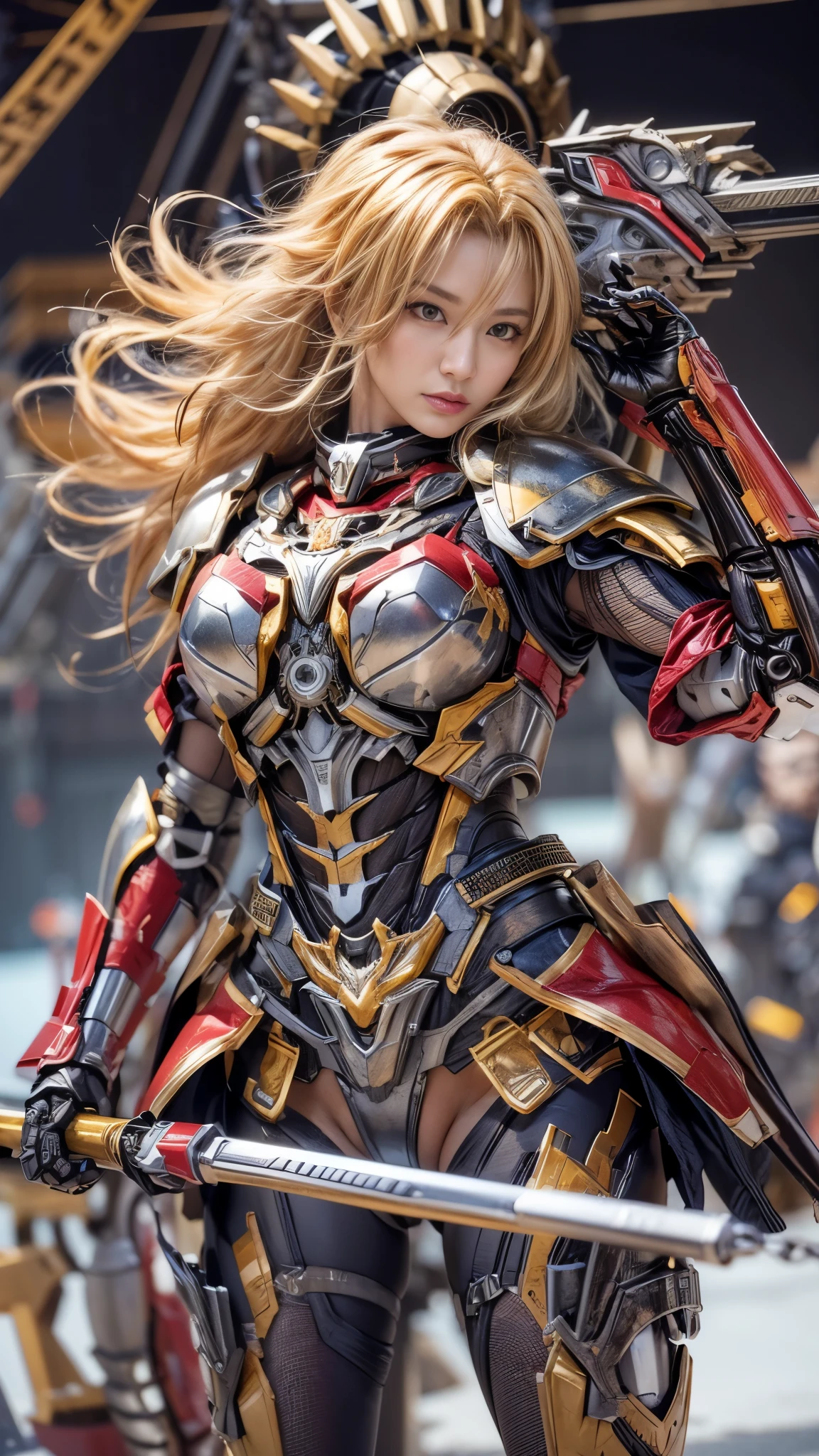 (top-quality:1.2, masterpiece), ultra high resolution, (Photorealsitic:1.4),, (bird-type mechanical heavy armor), (mechanical armor:1.3), bronze base with silver and red accent, 1 Japanese female cyborg, extremely realistic face, (yellow hair), ((ultimately intricate all details)), (whole body picture), realistic shadow, octan render, 8K, ultrasharp, character edge light, Details of complex ornaments, Hydraulic cylinder, power cable, dystopia with a beautiful view at night, fighting pose