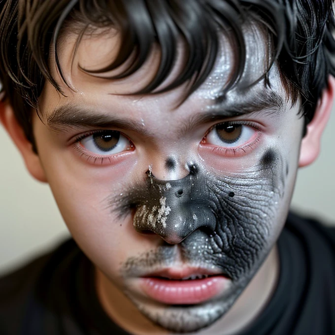 Close-up of a boy actor covered in soot after a TNT explosion during the filming of a comedy movie