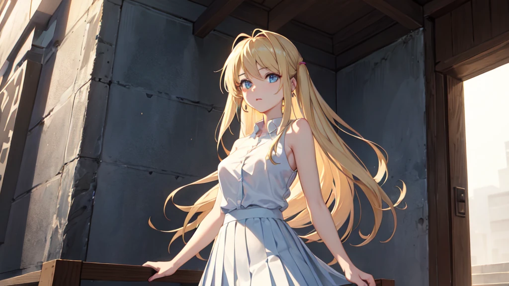 ((best quality)), ((masterpiece)), (detailed), Perfect face,winry rockbell, winry rockbell, blue eyes, Blonde Hair, off and on long hair, skirt, shirt, Jewel-like, white shirt, pleated skirt, ear nipple ring, Sleeveless, blue skirt, arms, Sleeveless shirt, off and on indoors, off and on looking at viewer, off and on (masterpiece:1.2), Best quality, high resolution, Unity8k wallpaper, (Implications:0.8), (Beautiful and delicate eyes:1.6), Extremely detailed face, perfect ligthing, 极其detailed CG, (Perfect hands, perfect anatomy),