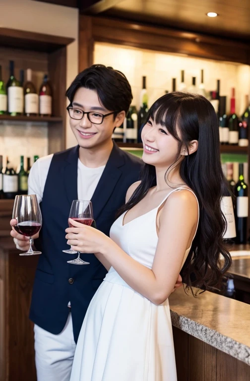 (masterpiece:1.2), high quality, High resolution, High-definition images like those taken with a high-end camera、(Two people, male and female)、sitting next to each other in chairs、(There is food on the table)、The man is a 24-year-old Japanese man.、Cut your hair short、Wearing glasses、Looks quiet、Black Hair、Curly hair、Holding a wine glass with red wine、The woman is an 18-year-old Japanese woman.、A lovely smile while drinking、Holding a cocktail glass filled with a cocktail、The location is a dimly lit bar