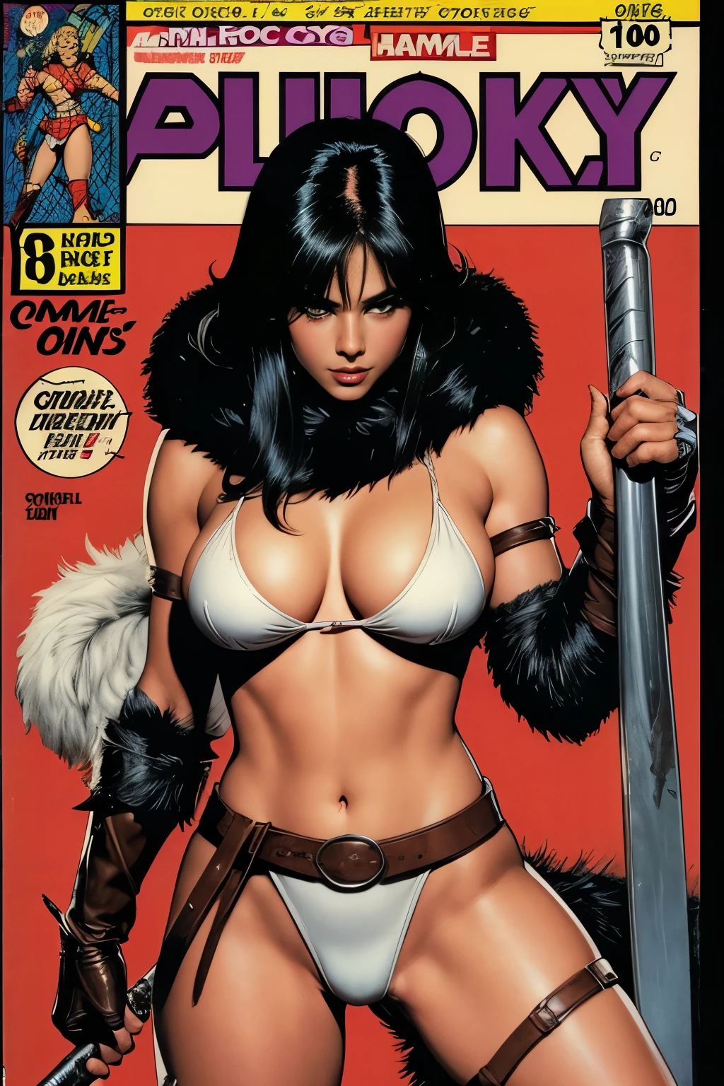 (Sexy comics, 1980 comics style, (comics cover:1.3)), barbarian girl, weapons, fur, leather, blood scratch