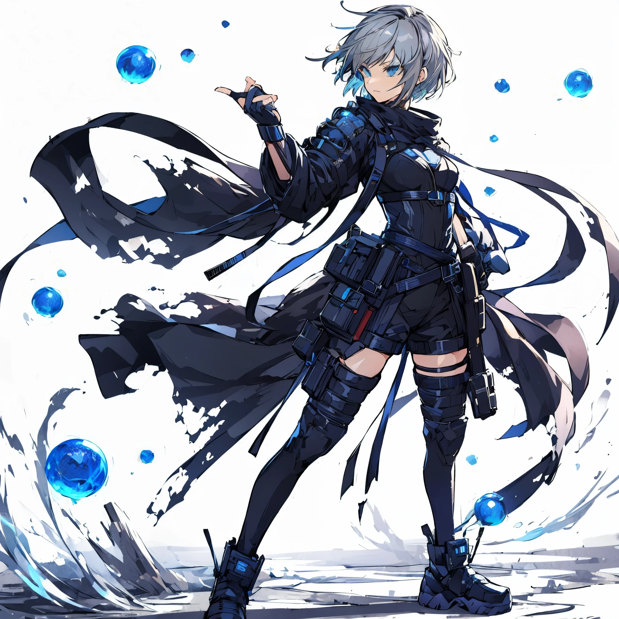 (Masterpiece, Top Quality), (Fine Hair), Ultra-Detailed, Anime Style, Solo, Full Length, Concept Art, Cyberpunk ninja girl, wearing black ninja wear, tech sneaker, shaved grey-blonde hair, standing still, many blue fireballs floating around, White background, standing full length, (heroic posing), standing on wasted earth,